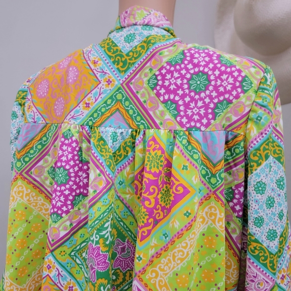 Retro Bohemian Vintage Handmade Green Floral Long Sleeve Bow-tie neck Blouse - Picture 10 of 11